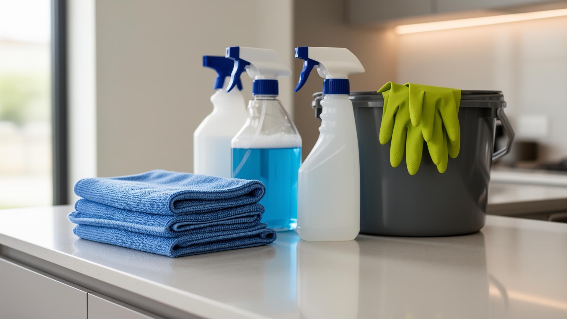 Professionele schoonmaakmaterialen op een werkblad